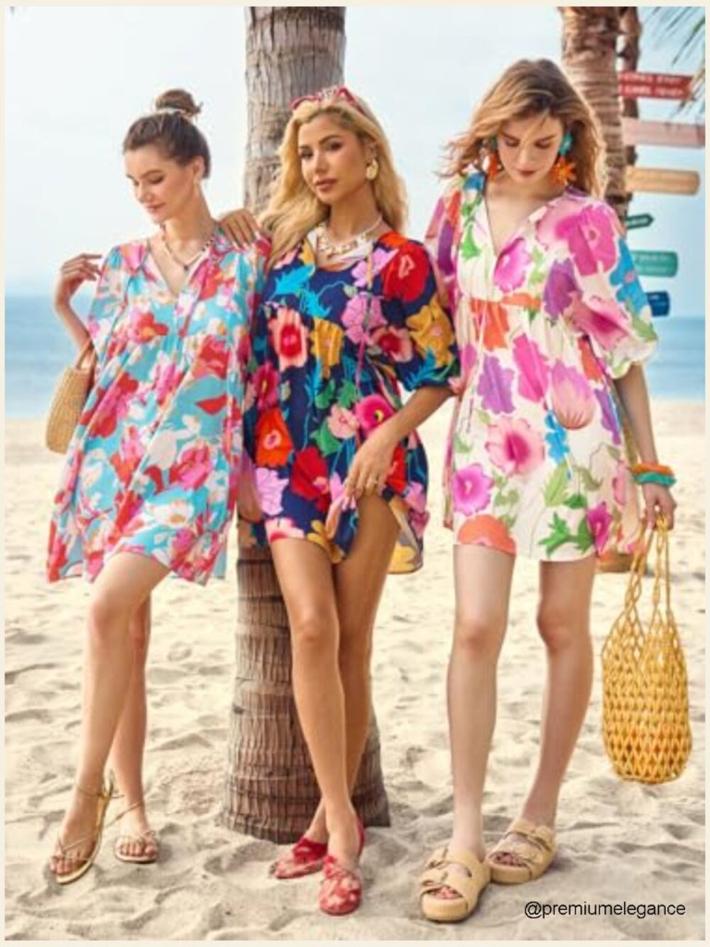 Floral Mini Babydoll Dress V Neck Puff Sleeve Loose Fit Boho Beach Sundress - Picture 5 of 7